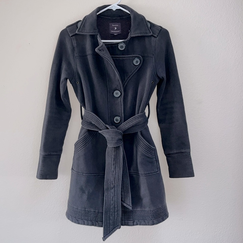 Forever 21 Gray Cotton Blend Double Breast Pea Coat Robe w/ Belt, Size Small
